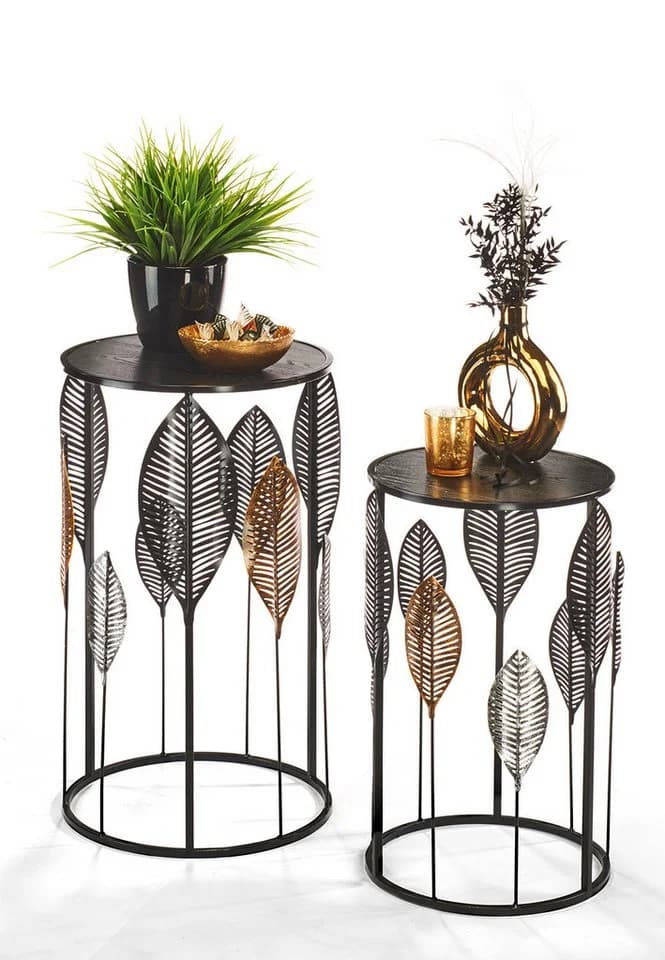 Kobolo Beistelltisch Set PIANTA 2er Metall Holz Schwarz Silber Gold - Bild 3