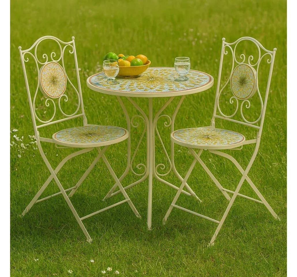 Kobolo Balkonset Sitzgruppe Gartenmöbel Mosaikoptik 1 Tisch 2 Stühle Metall Weiß