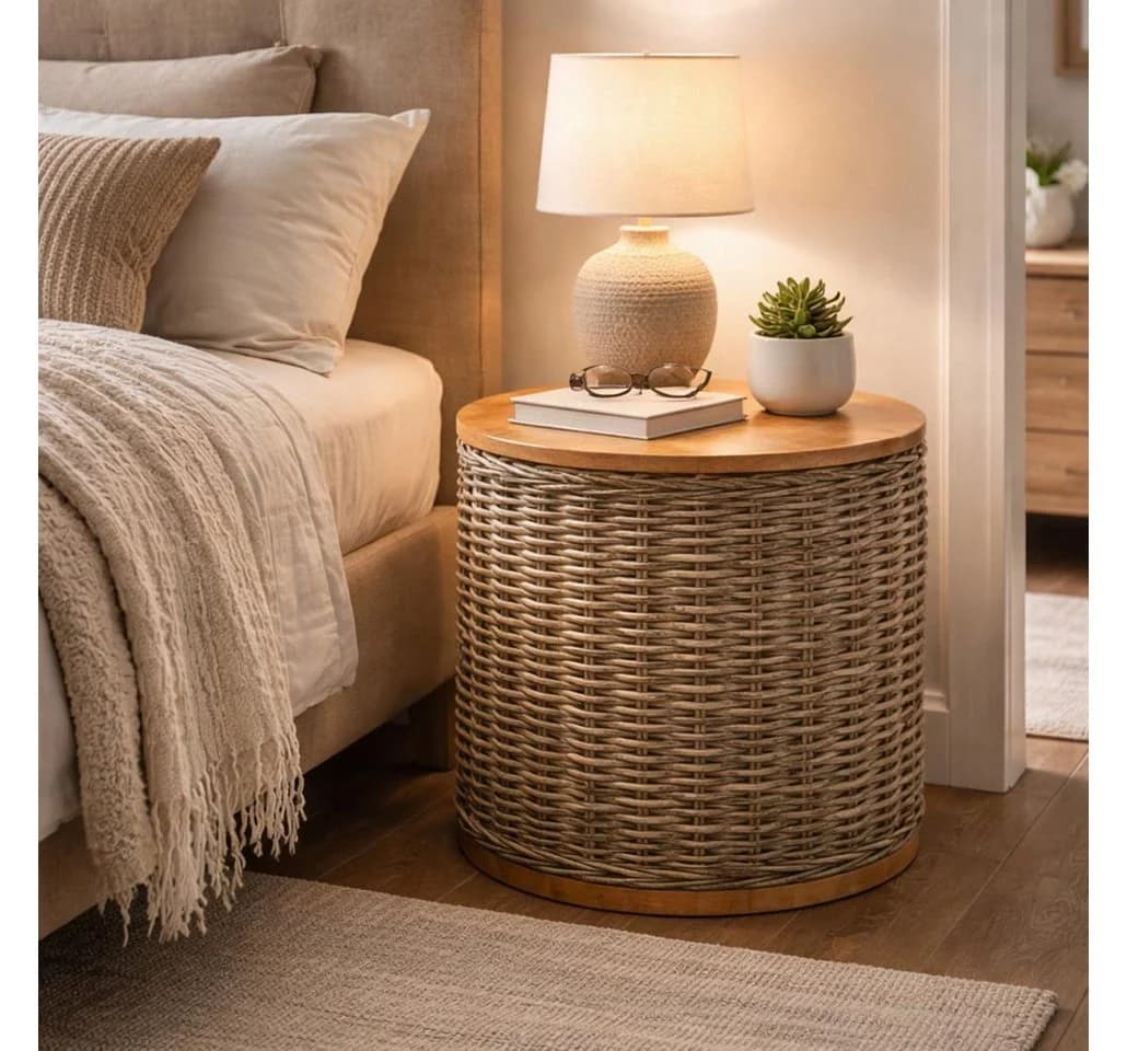 Kobolo Beistelltisch MARTA Holz und Rattan mit abnehmbarem Deckel