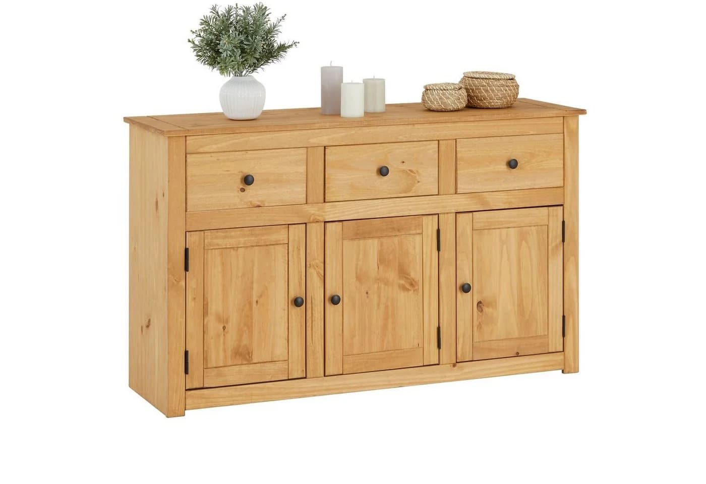 CARO-Möbel Sideboard CANCUN Kiefer Massivholz 3 Türen 3 Schubladen Braun