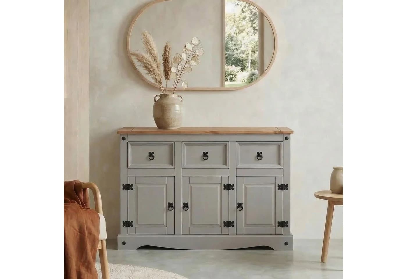 CARO-Möbel Sideboard RAMON Grau Massivholz Kiefer 3 Schubladen 3 Türen - Bild 2