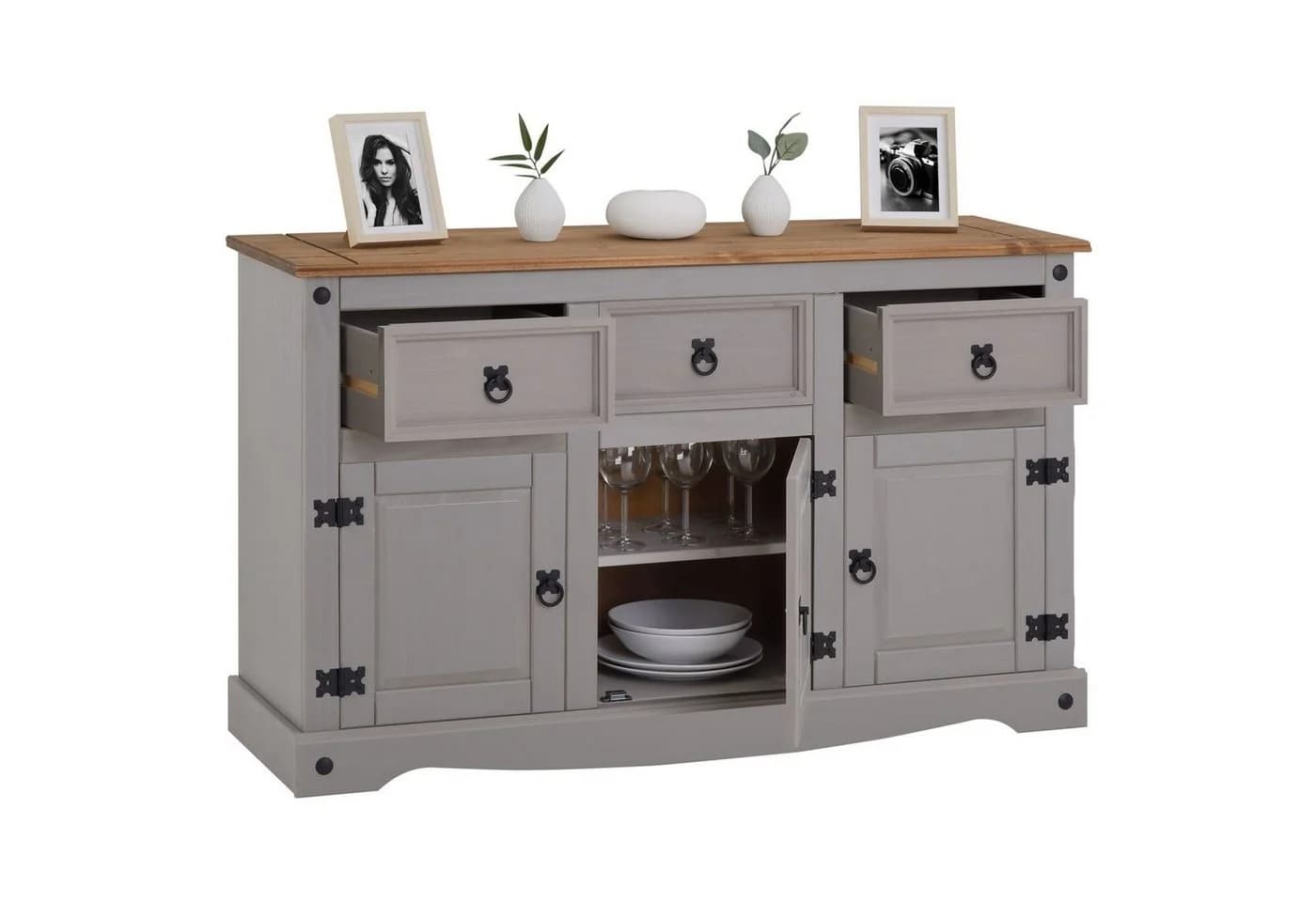 CARO-Möbel Sideboard RAMON Grau Massivholz Kiefer 3 Schubladen 3 Türen - Bild 4
