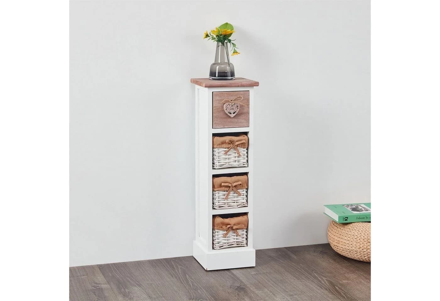 CARO-Möbel Kommode FLOWER Weiß/Braun 1 Schublade 3 Körbe