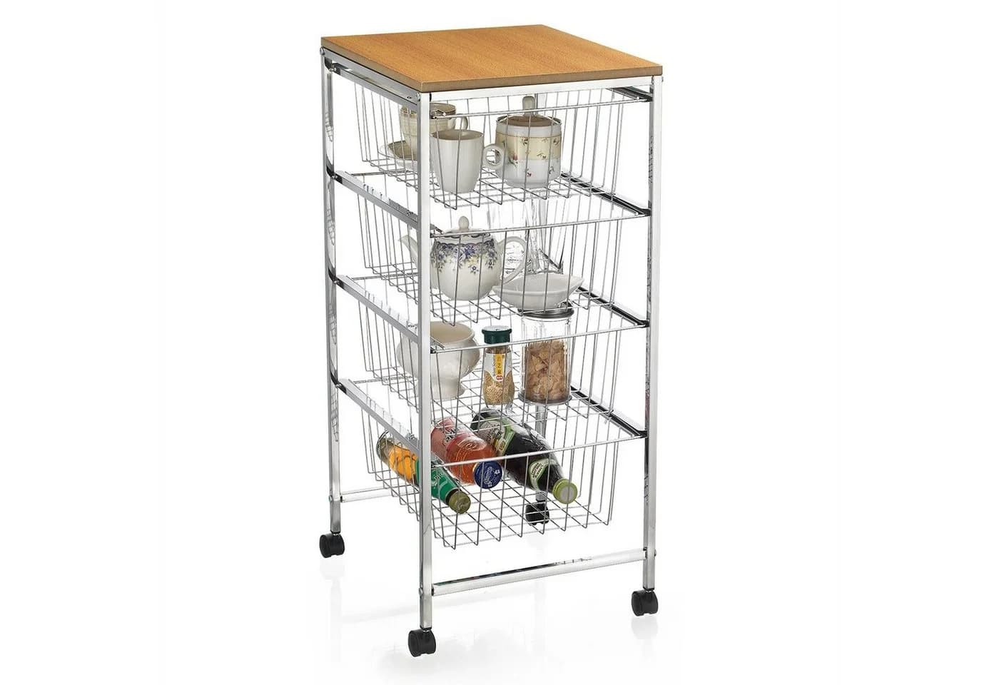 CARO-Möbel Servierwagen RONJA mit 4 Körben und Rollen, chrom/holz - Bild 2