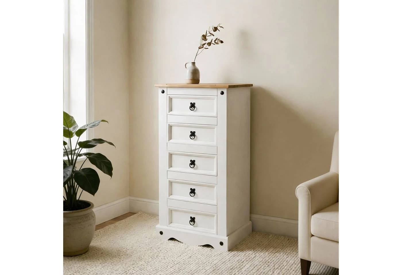 CARO-Möbel Kommode CAMPO Weiß/Braun 5 Schubladen Landhaus - Bild 2