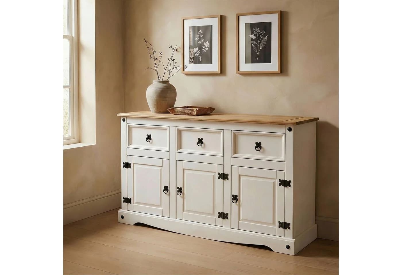 CARO-Möbel Sideboard CAMPO Kiefer massiv weiß 3 Türen 3 Schubladen - Bild 2