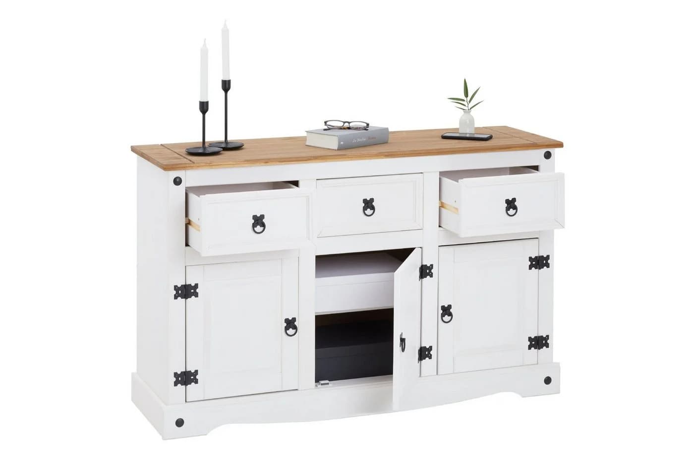 CARO-Möbel Sideboard CAMPO Kiefer massiv weiß 3 Türen 3 Schubladen - Bild 4