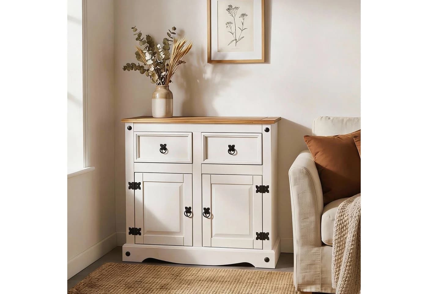 CARO-Möbel Sideboard CAMPO Kiefer massiv weiß/braun 2 Schubladen 2 Türen - Bild 2