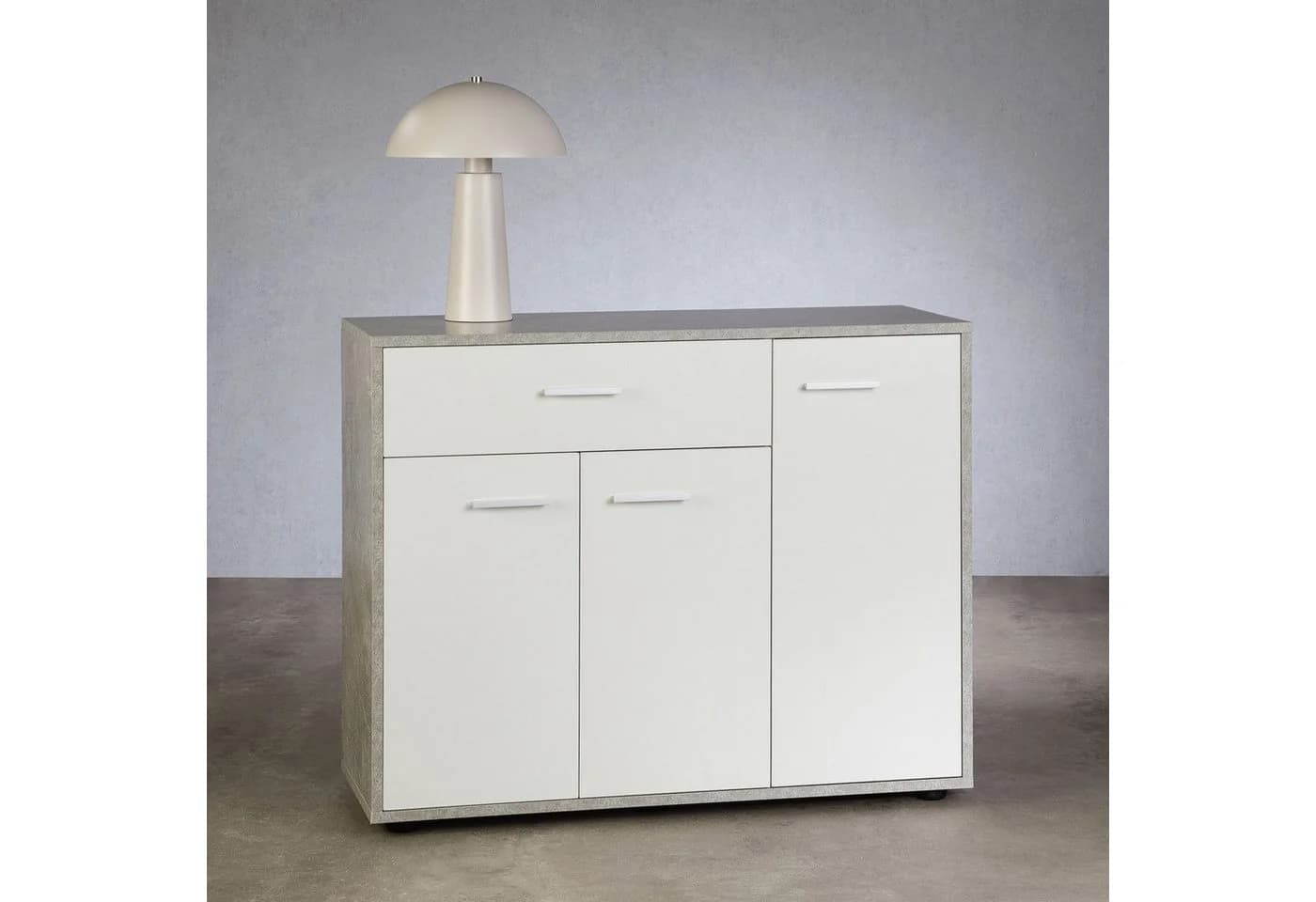 CARO-Möbel Schuhschrank DEUSTO Schmal mit 3 Türen und Schublade Betonoptik/Weiß