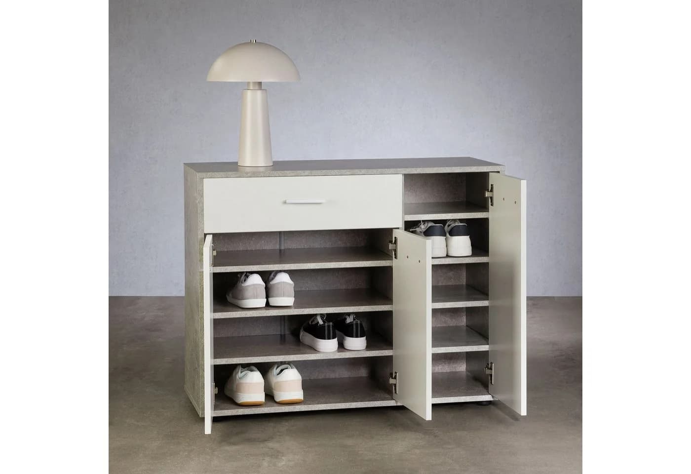 CARO-Möbel Schuhschrank DEUSTO Schmal mit 3 Türen und Schublade Betonoptik/Weiß - Bild 3