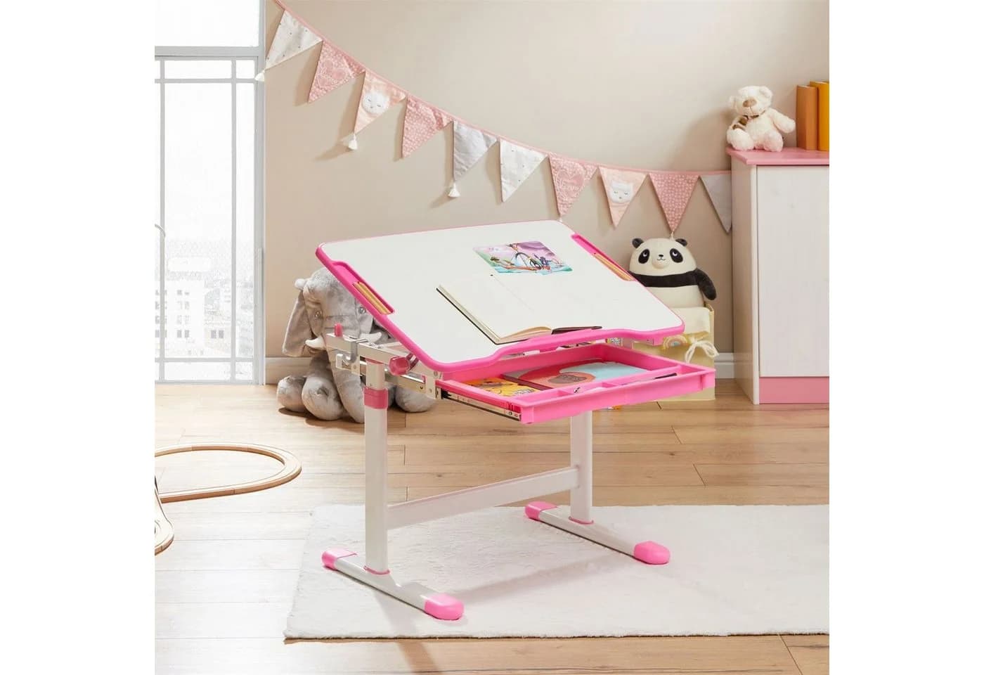 CARO-Möbel Kinderschreibtisch VITA Rosa Neigbar Schublade Rucksackhalterung - Bild 2