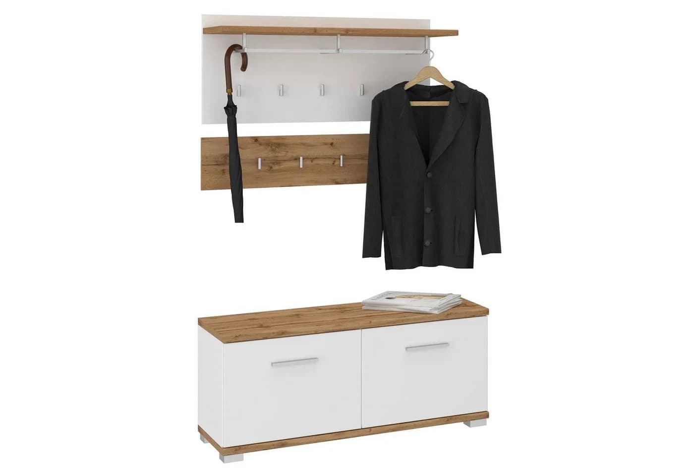 CARO-Möbel Wandgarderobe BILBAO Garderobenset mit Sitzbank Wotan Eiche/Weiß - Bild 2