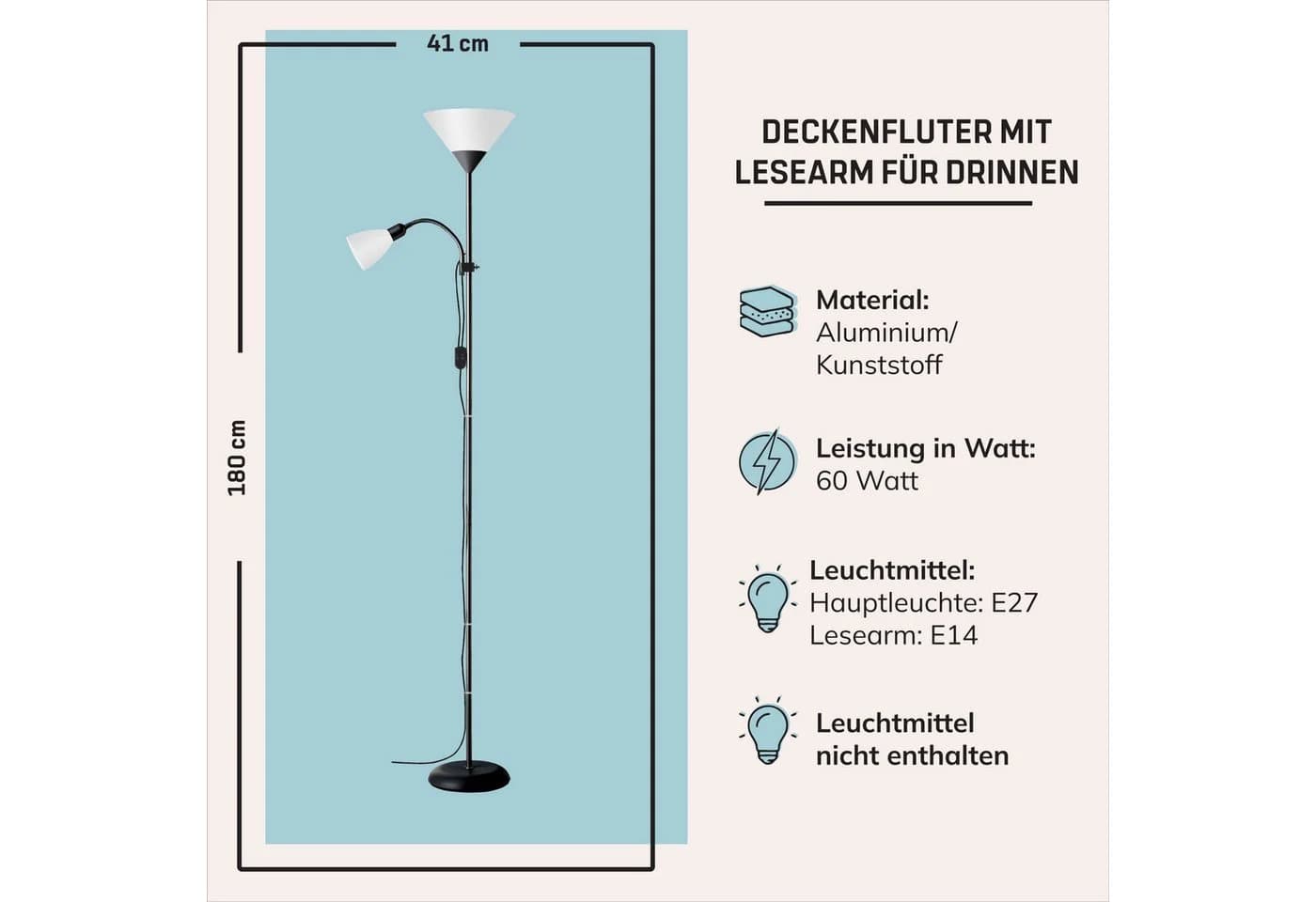 Lightbox Stehlampe Deckenfluter mit Lesearm Schwarz/Weiß - Bild 3