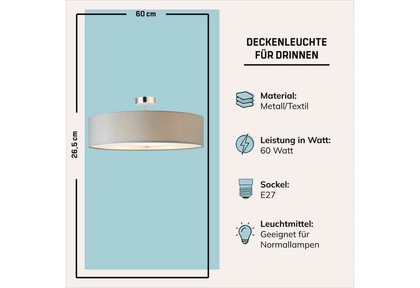 LIGHTBOX Deckenleuchte Grau Metall/Textil 60cm - Bild 3
