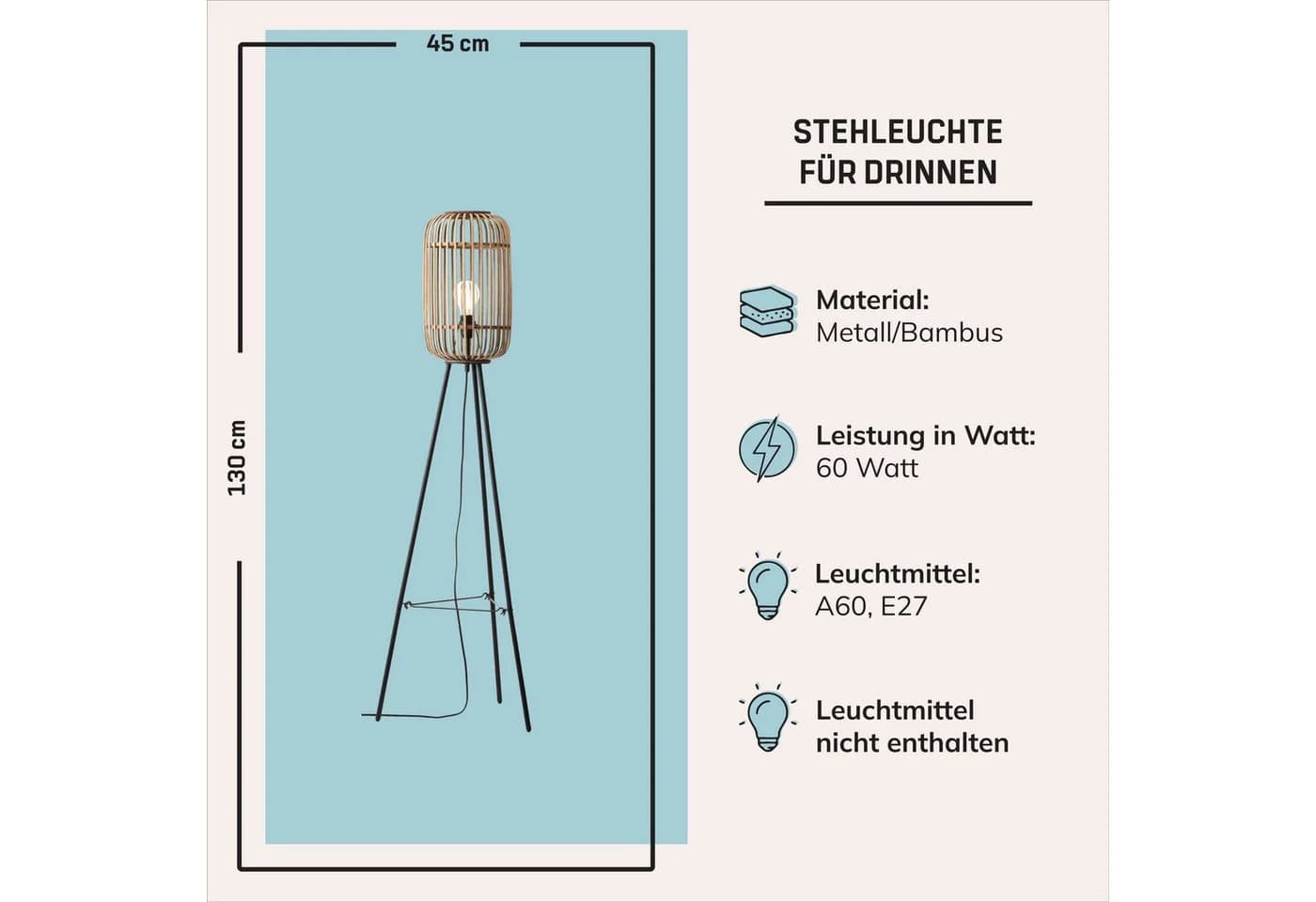Lightbox Stehlampe Bambus Dreibein Schwarz/Braun mit Fußschalter - Bild 3