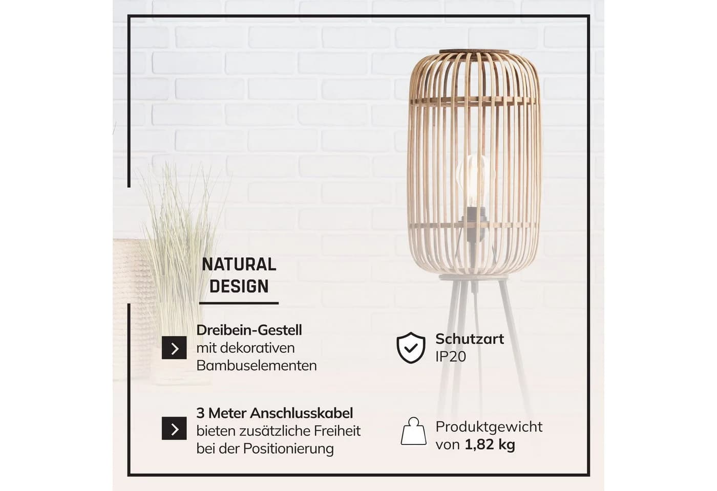 Lightbox Stehlampe Bambus Dreibein Schwarz/Braun mit Fußschalter - Bild 4