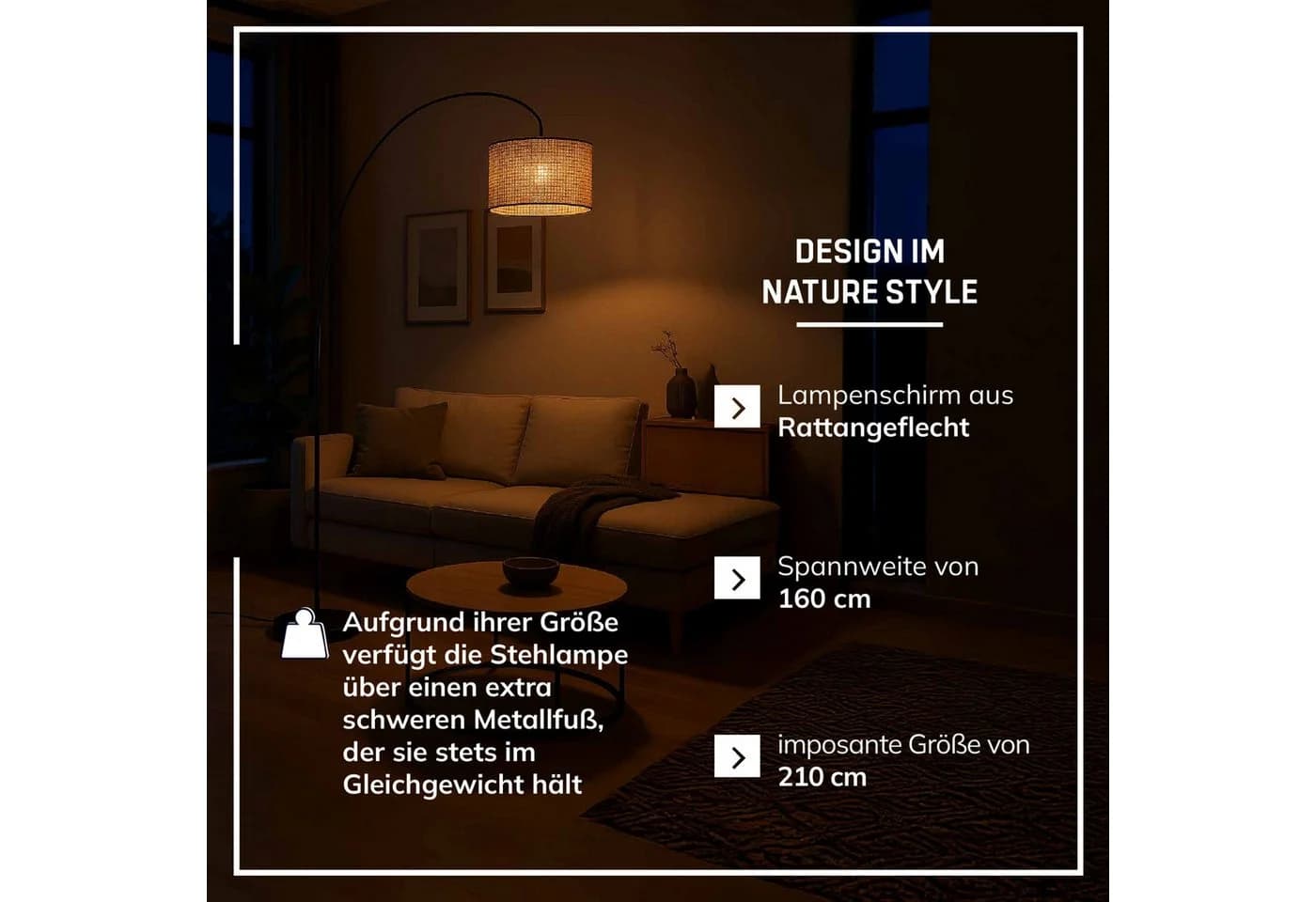 Lightbox Stehlampe Bogenleuchte Rattan Schwarz 210 cm - Bild 4
