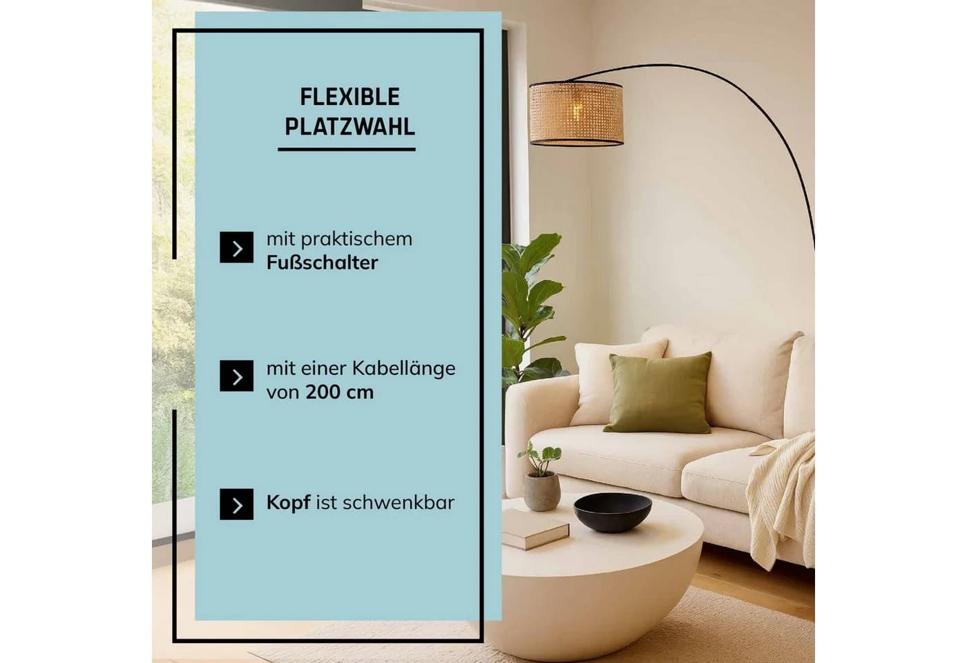 Lightbox Stehlampe Bogenleuchte Rattan Schwarz 210 cm - Bild 5