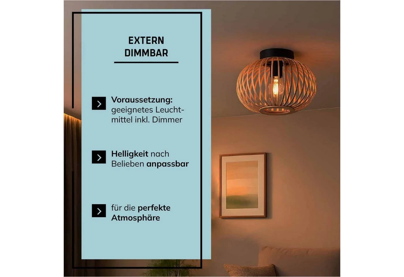 LIGHTBOX Deckenleuchte Bambus Metall E27 Natur/Schwarz - Bild 5