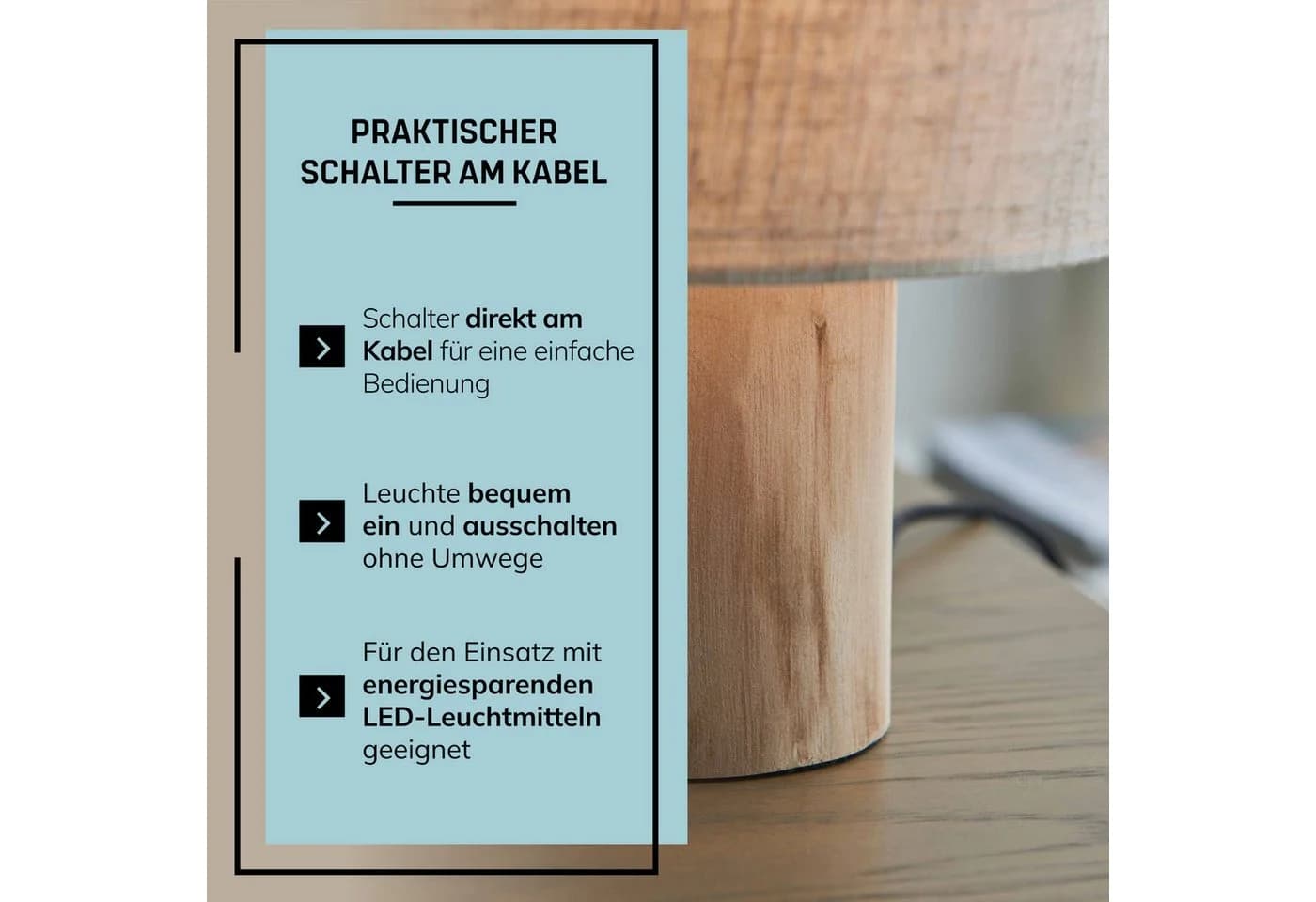 LIGHTBOX Tischleuchte Boho E27 Stoffschirm Holzsockel Beige - Bild 5