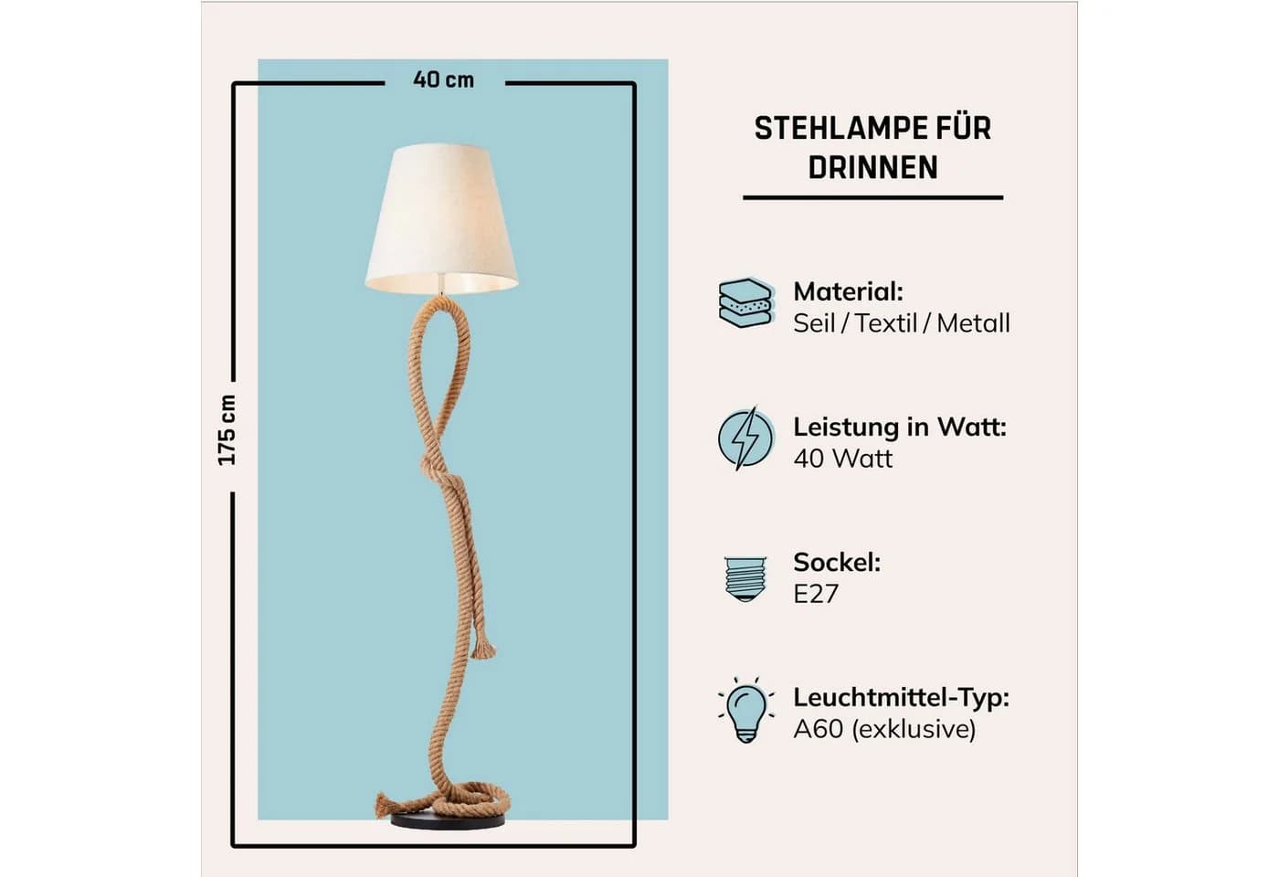 LIGHTBOX Stehlampe Weiß E27 Seiloptik Textil Metall - Bild 3