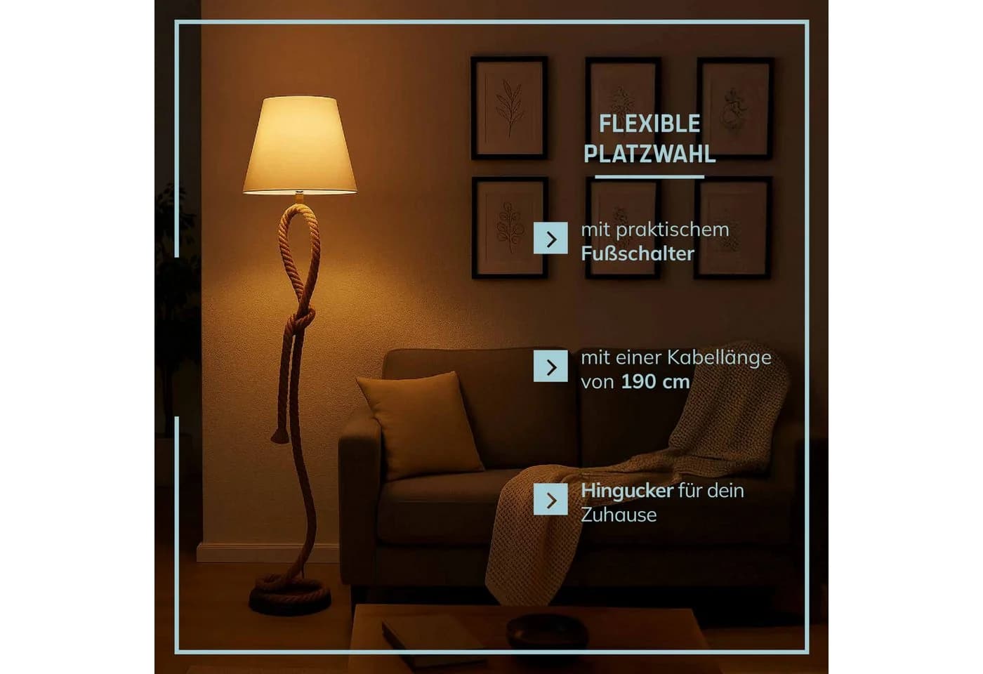 LIGHTBOX Stehlampe Weiß E27 Seiloptik Textil Metall - Bild 4