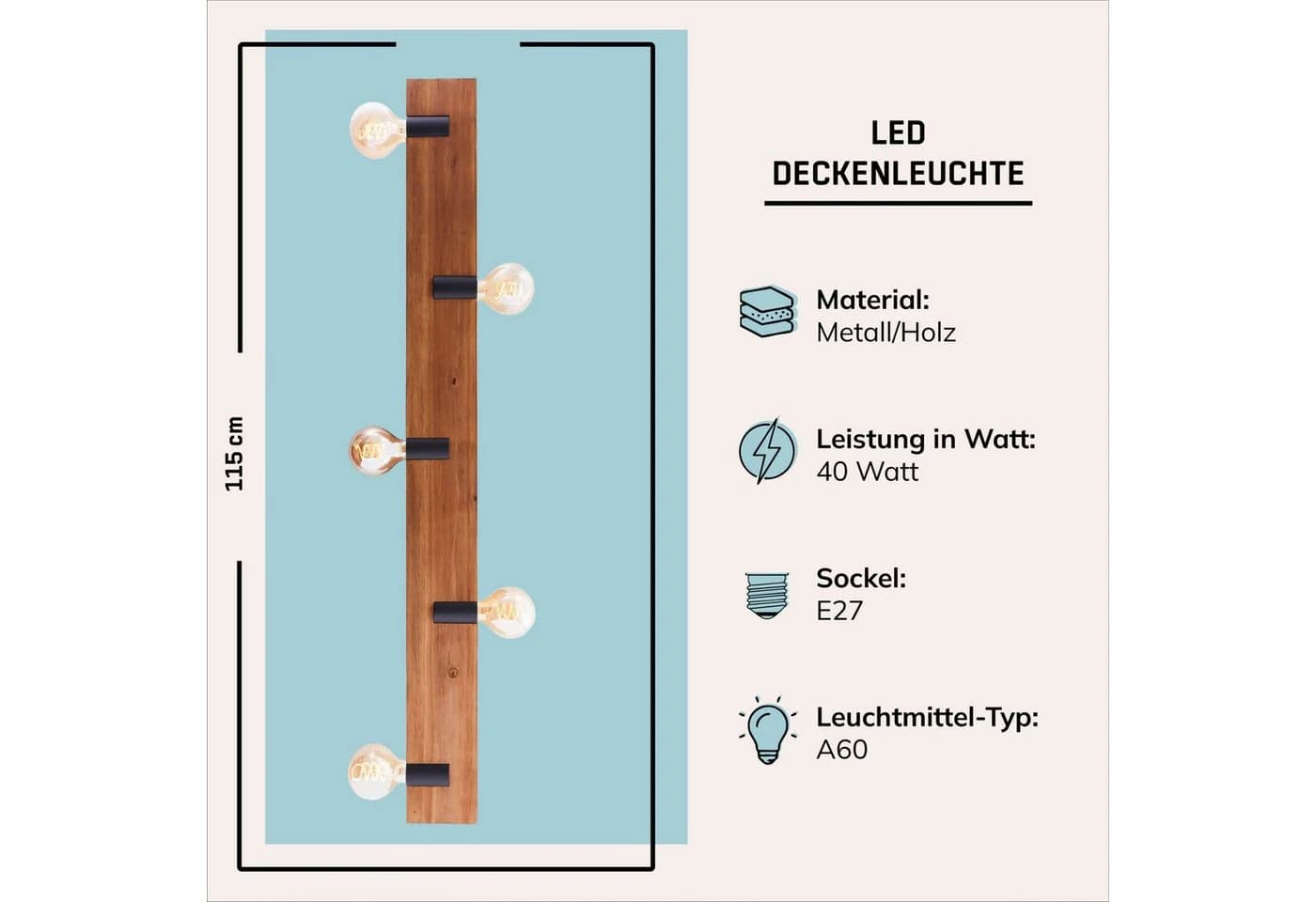 LIGHTBOX Deckenleuchte 5-flammig E27 Holz Metall braun/schwarz - Bild 3