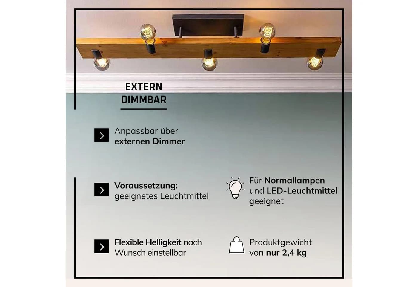 LIGHTBOX Deckenleuchte 5-flammig E27 Holz Metall braun/schwarz - Bild 4