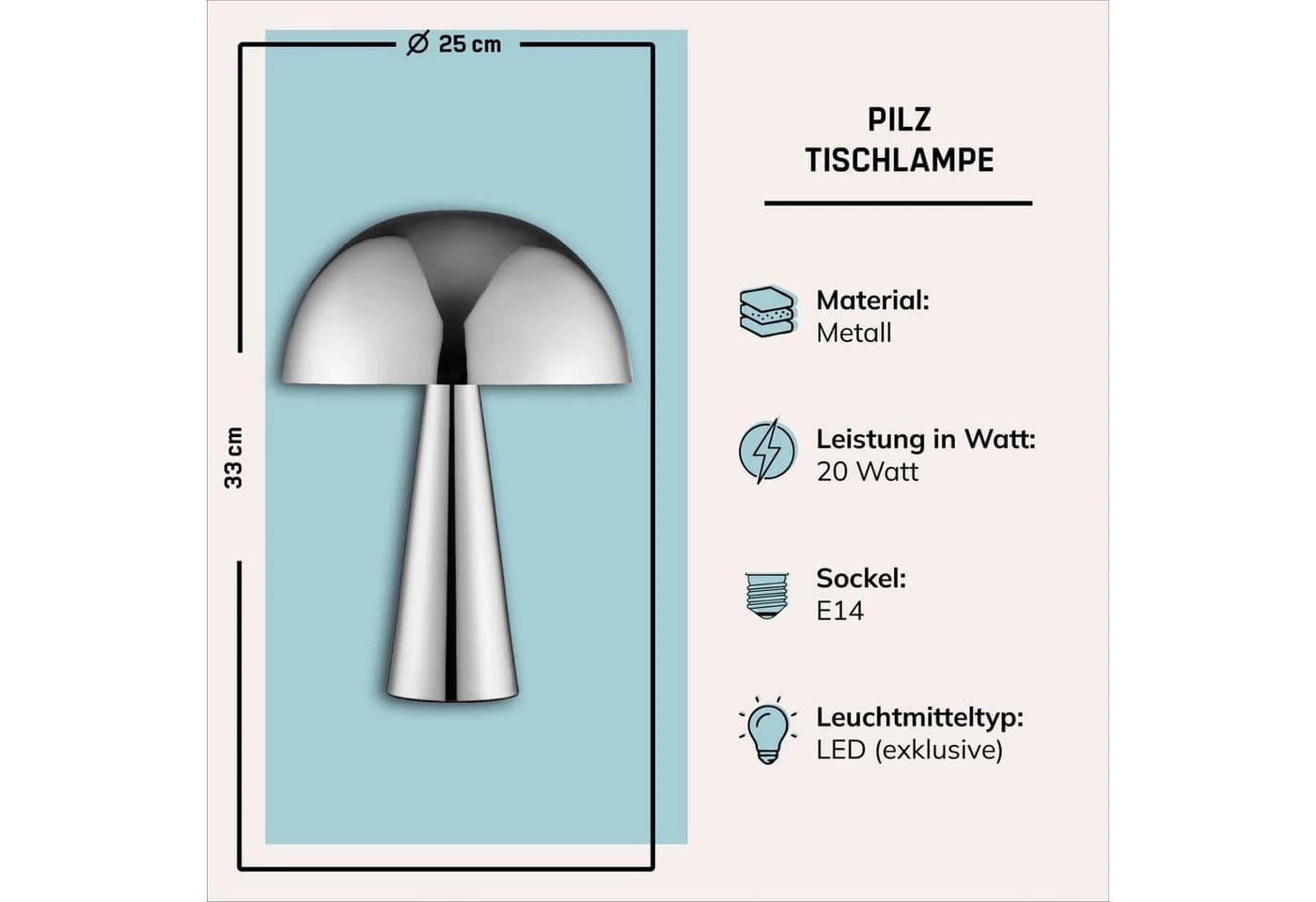Lightbox Tischleuchte Pilzform E14 Chrom 33 cm - Bild 3