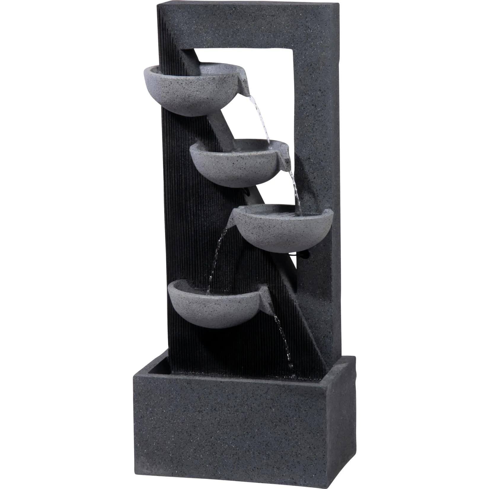 Dobar Polyresin-Brunnen mit Pumpe und LED, Eckig mit 4 Schalen