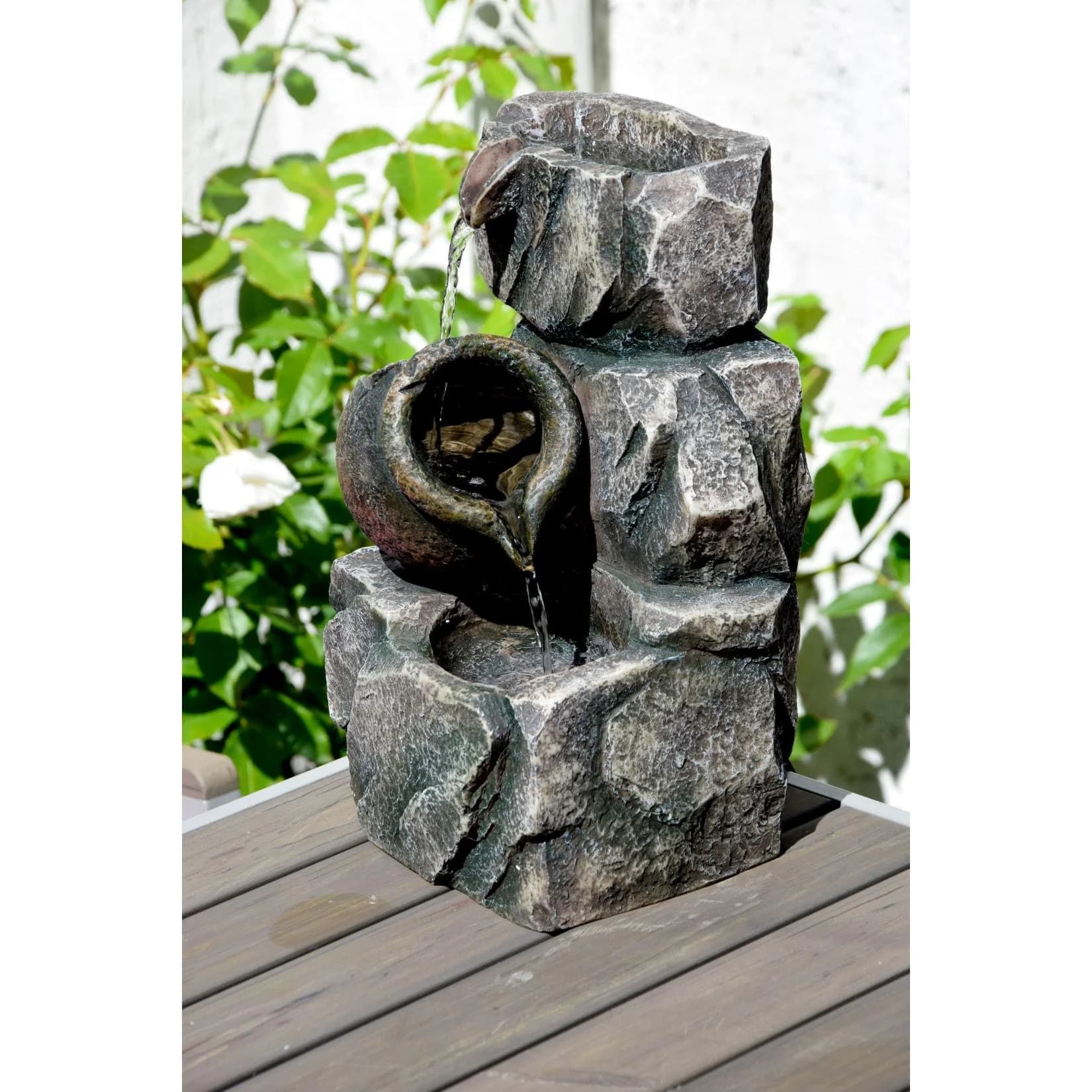 Dobar Design-Gartenbrunnen mit Amphore - Natürliche Felsen-Optik Grau