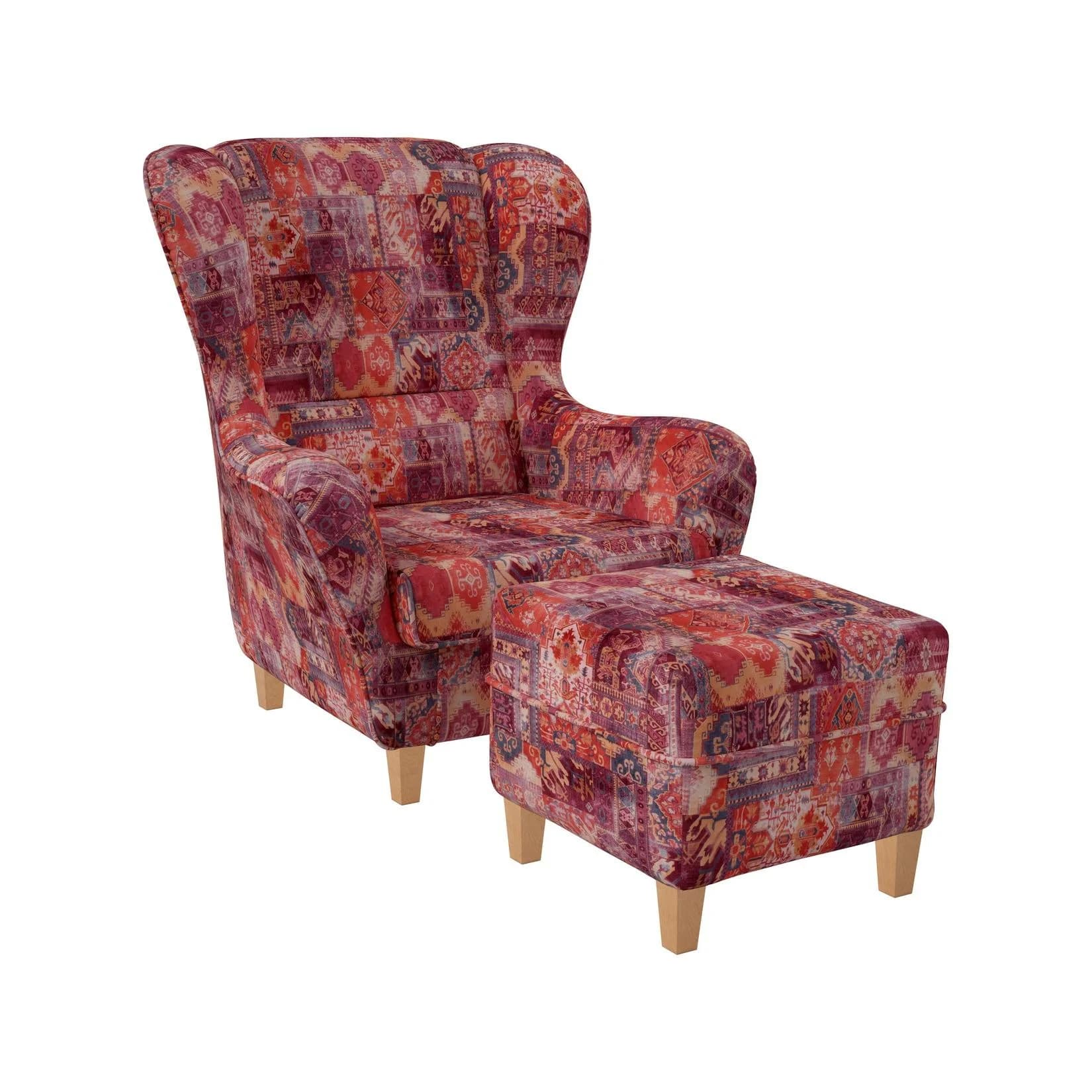 Supellex Sofia Ohrensessel mit Hocker Patchwork Samt-Velours Orient Rot