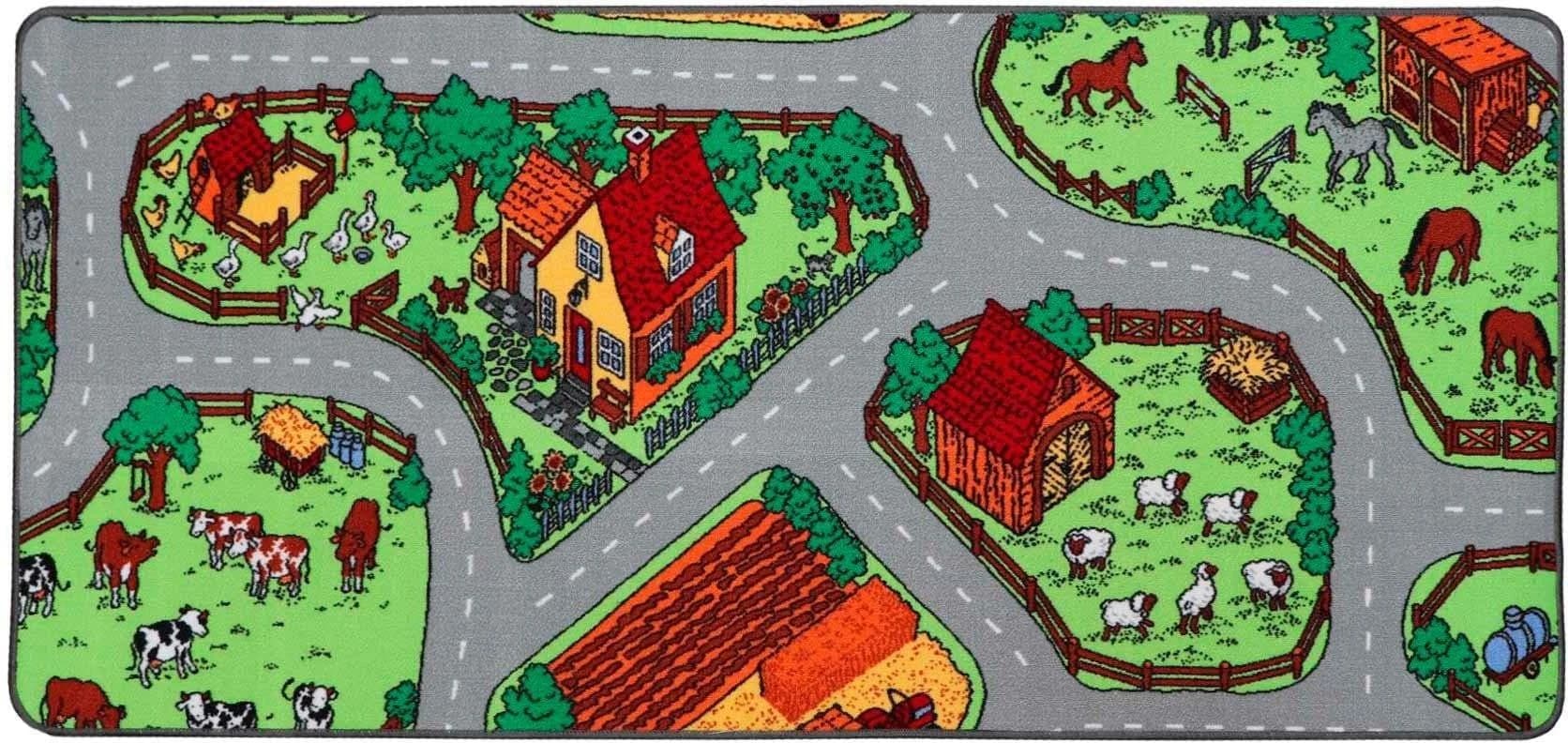 Kinderteppich Spielteppich Bauernhof Grau Grün Polyamid