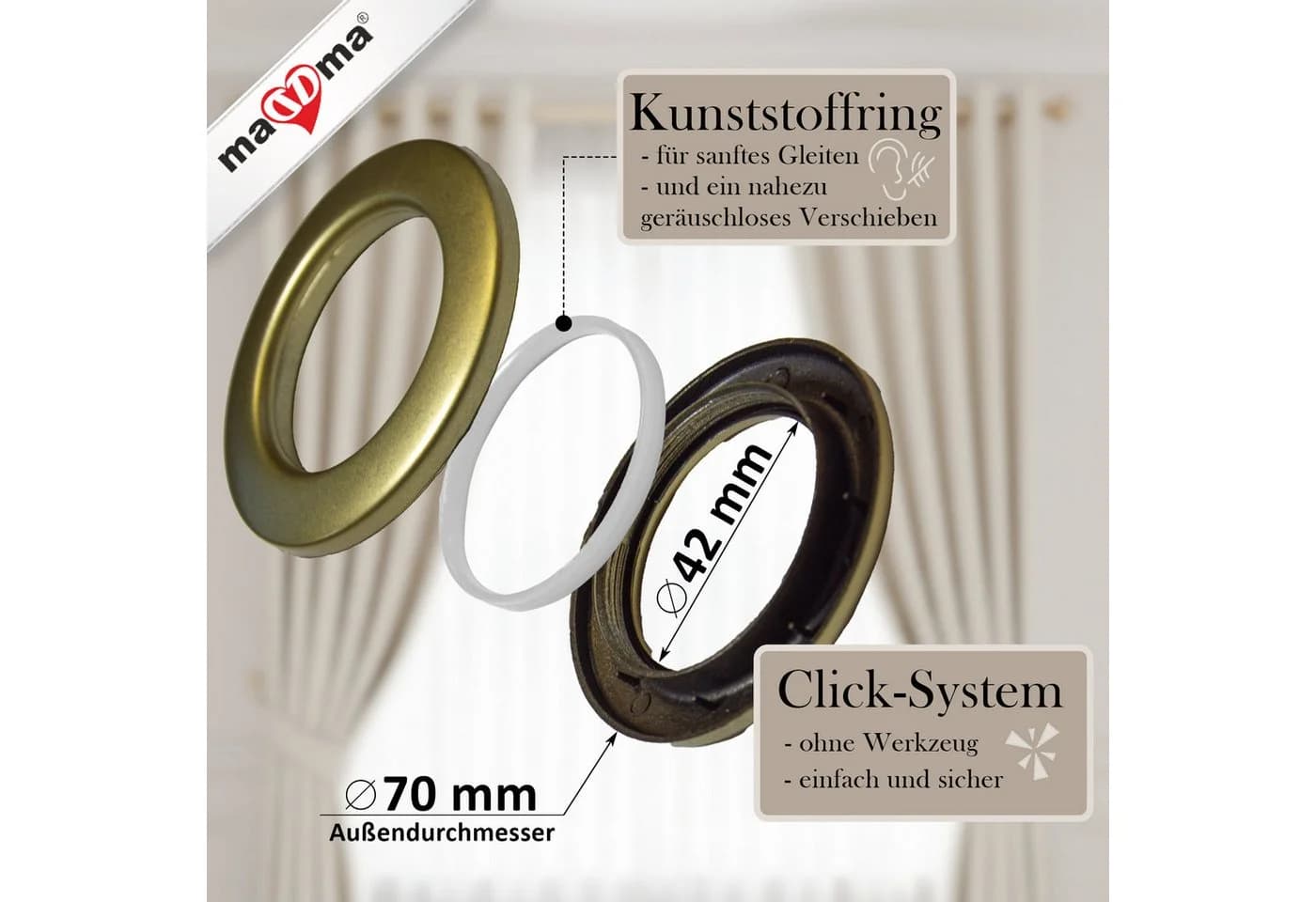 maDDma Stoffösen Gardinenringe 10 Stück Ø42 mm Click-Öse Silber