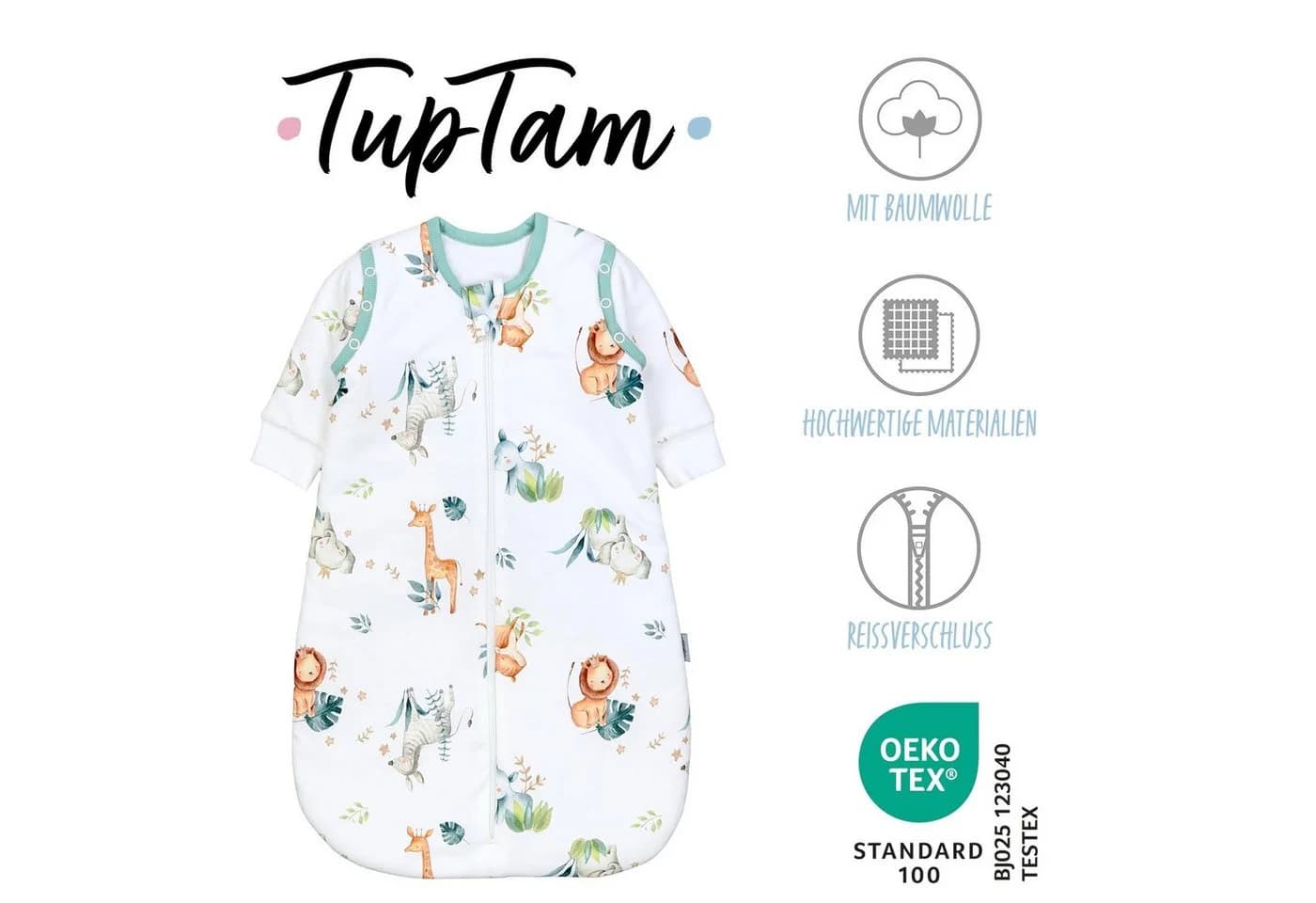 TupTam Babyschlafsack 2.5 TOG Ganzjahresschlafsack mit abnehmbaren Ärmeln Safari