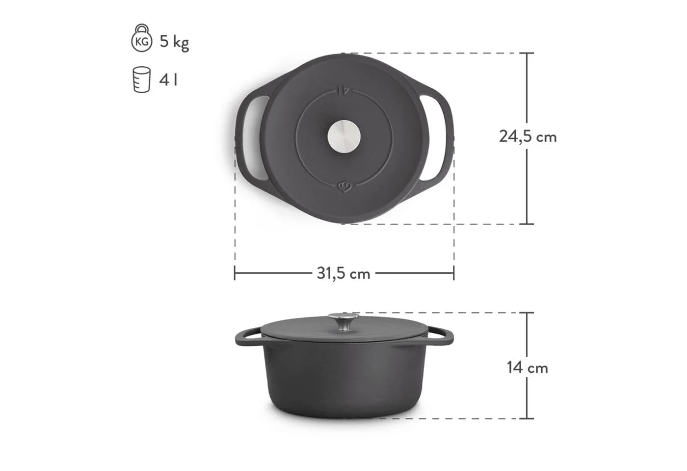 Springlane Bräter Cocotte Grau mit Deckel, Gusseisen emailliert, 4 L, Ø 24cm