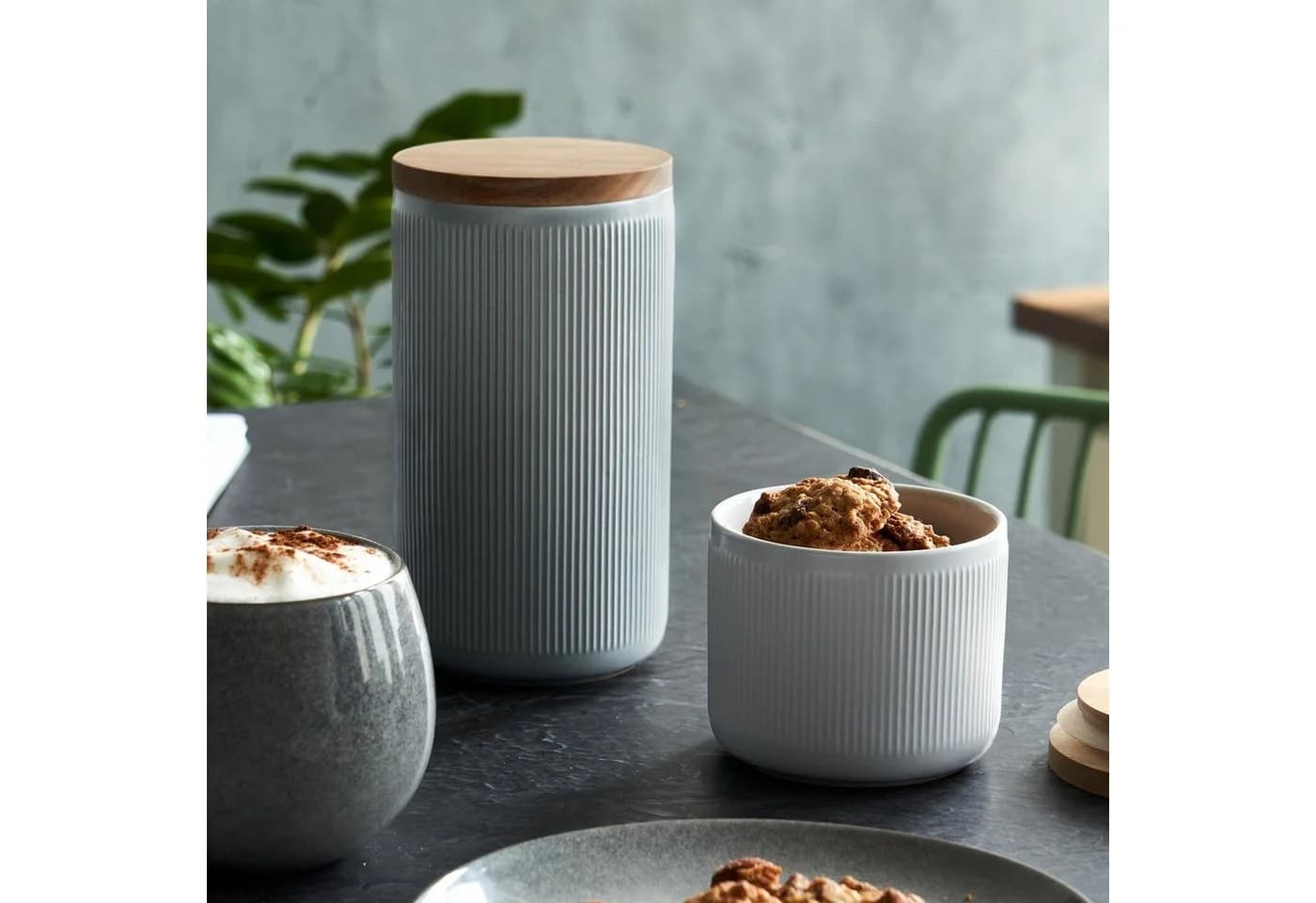 Springlane Vorratsdose 2-tlg. Set Keramik Holzdeckel Grau Stripes - Bild 5