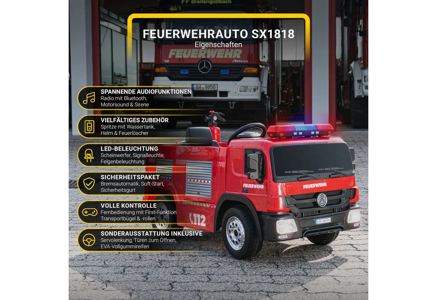 Actionbikes Motors Kinder-Elektroauto Feuerwehr SX1818 Rot mit Fernbedienung