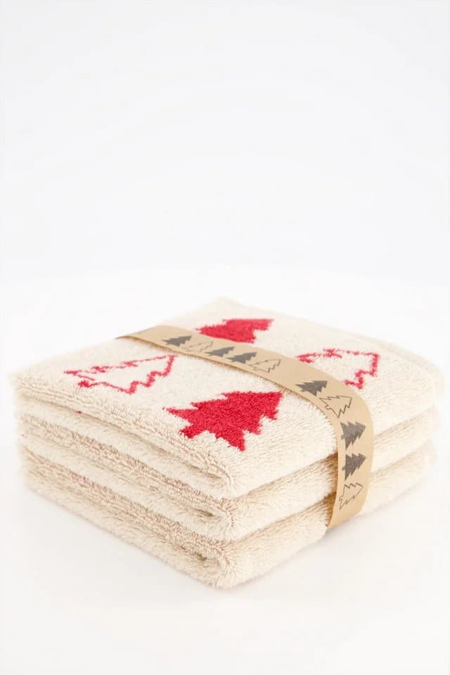 Cawö Seiftücher 3er Pack Christmas Edition Tannenbäume 100% Baumwolle Beige/Rot - Bild 2