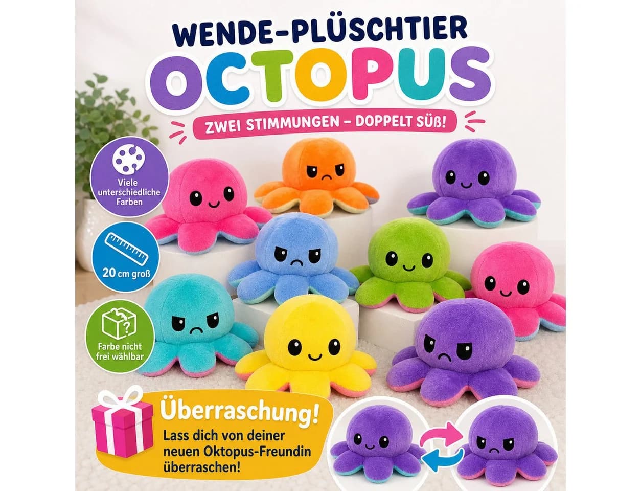 soma Kuscheltier Oktopus Wendbar Bunt 20 cm Plüschtier