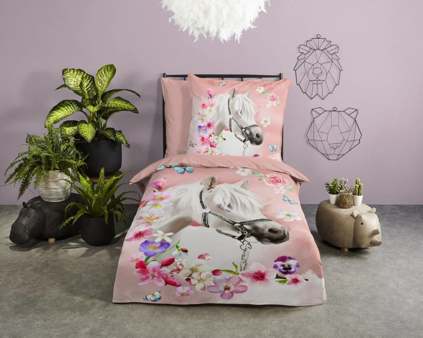 Soma Renforcé Bettwäsche Set Rosa Pferde-Motiv 2-teilig