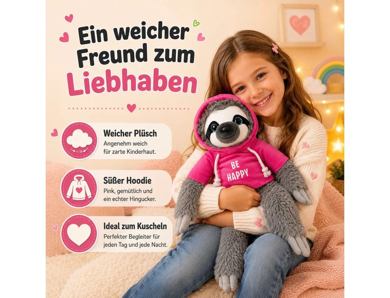 soma Kuscheltier Faultier grau 40 cm Be Happy Pink - Bild 3