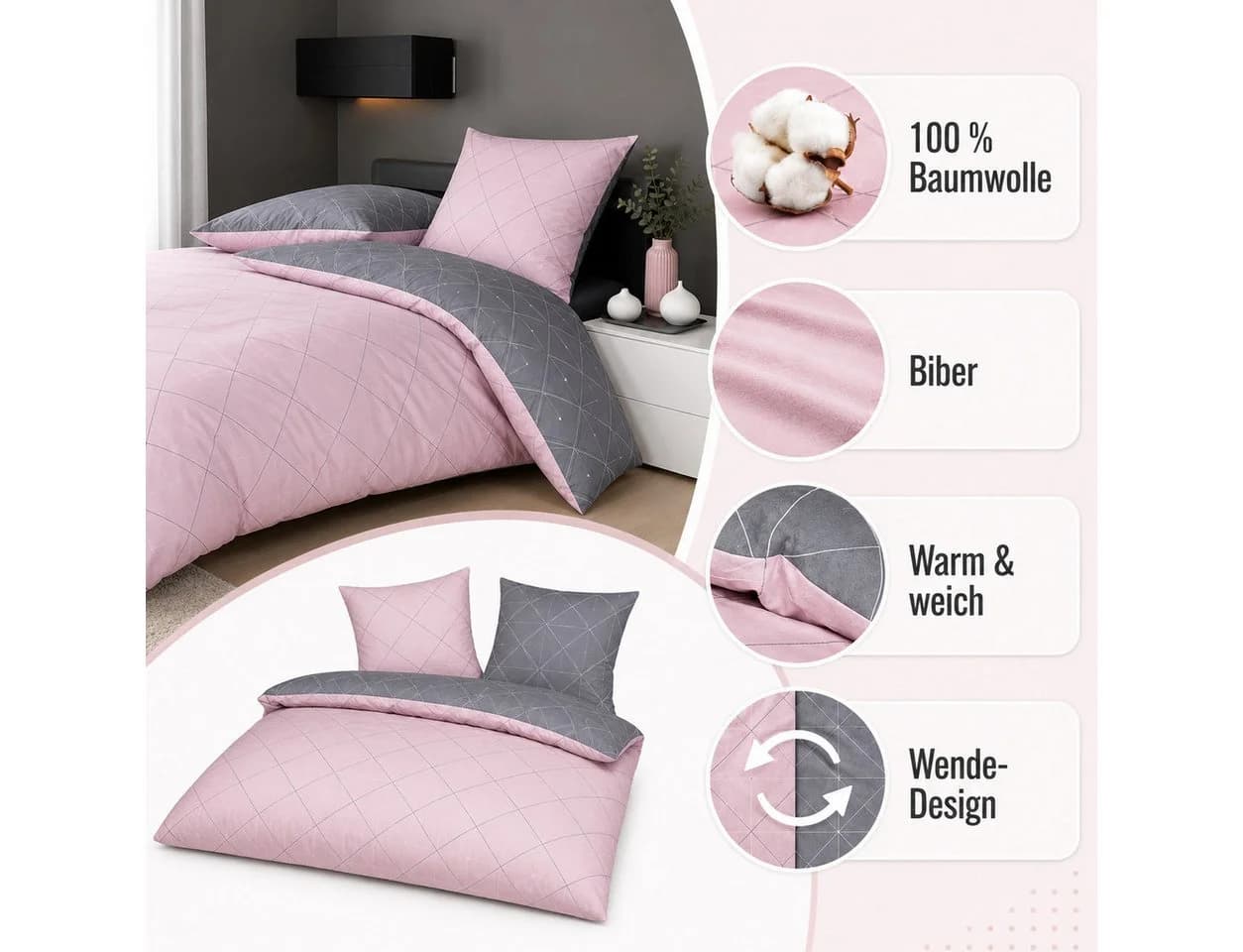 soma Biber Bettwäsche Wende-Design grau rosa 135x200 cm - Bild 4