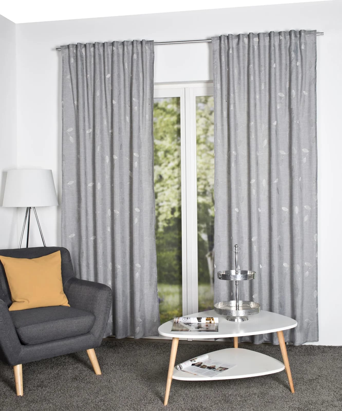 Vorhang FOGLIO grau Polyester Gardine Kombibandschal Leinenoptik bestickt