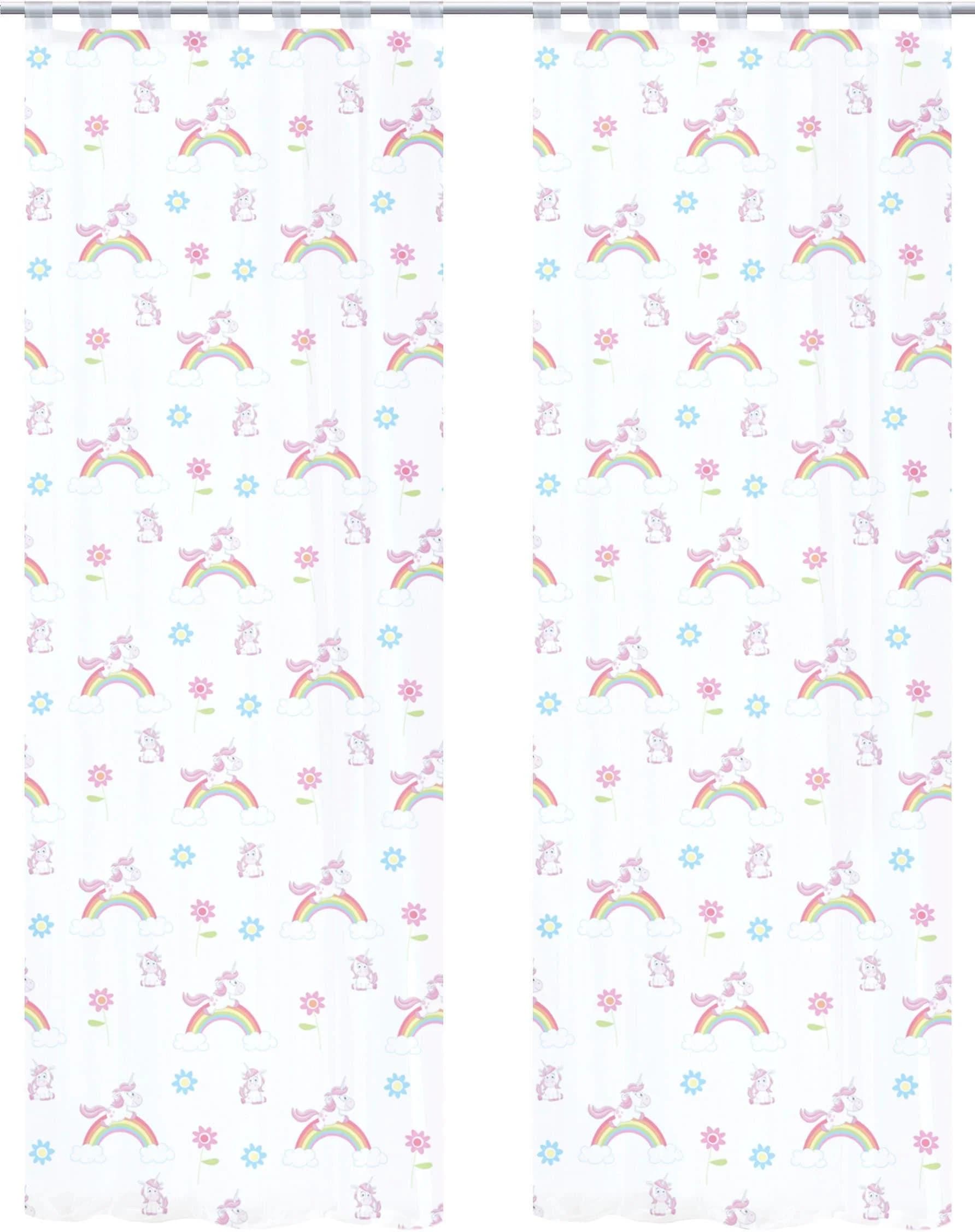 HOME WOHNIDEEN Vorhang Set Einhorn Bunt Voile Schlaufenschal