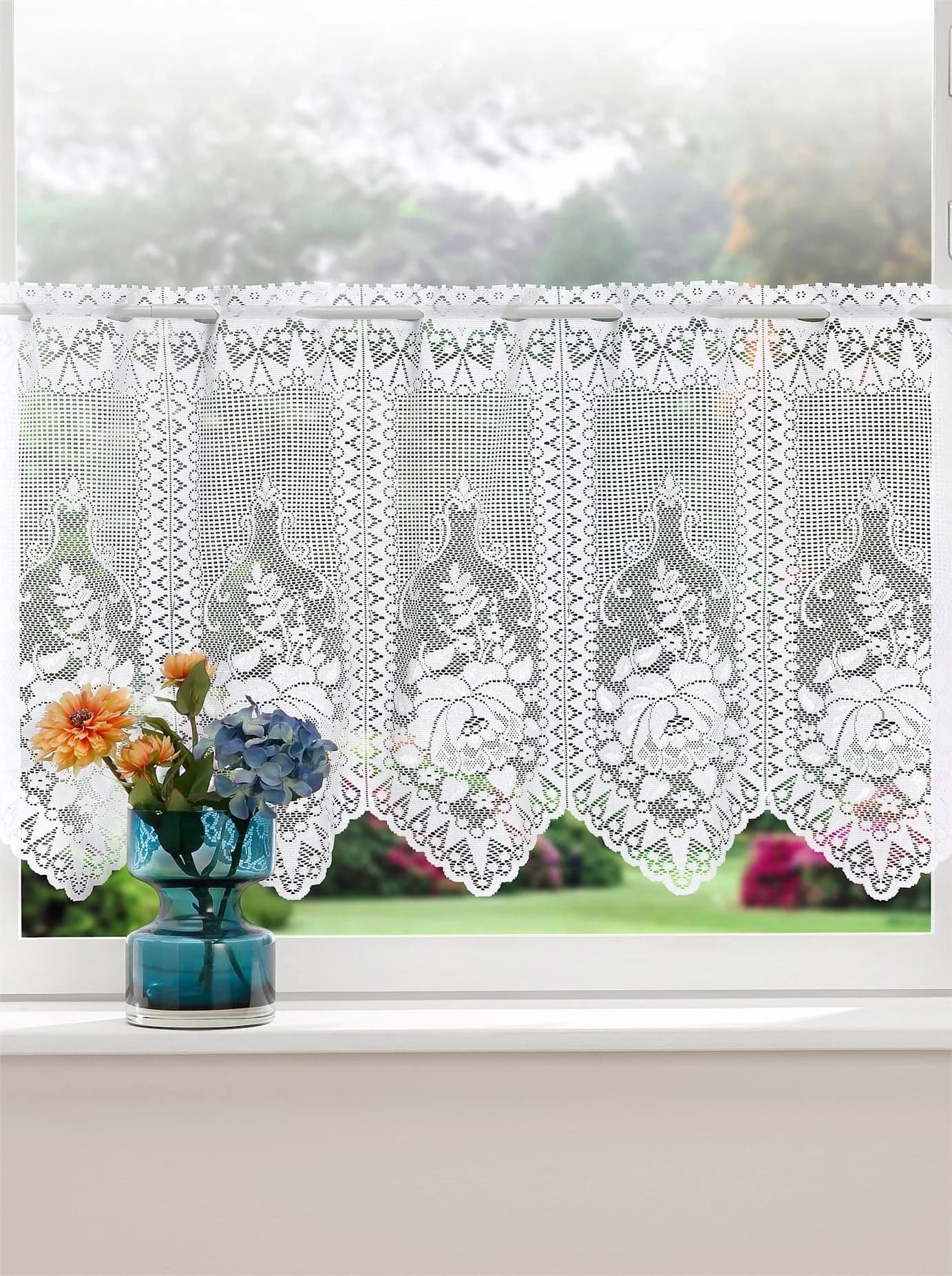 Scheibengardine Weiß Rosenmotiv Polyester
