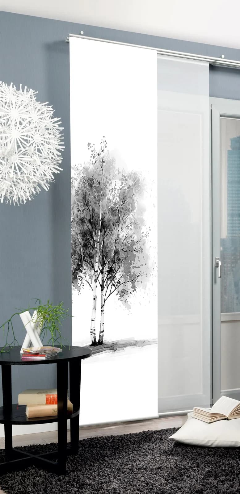 HOME WOHNIDEEN Schiebegardine TREE Grau Seidenoptik Digitaldruck