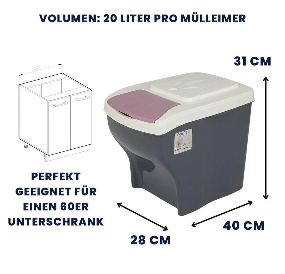 GarPet Mülltrennsystem 3x20L Mülleimer Küche Unterschrank grau