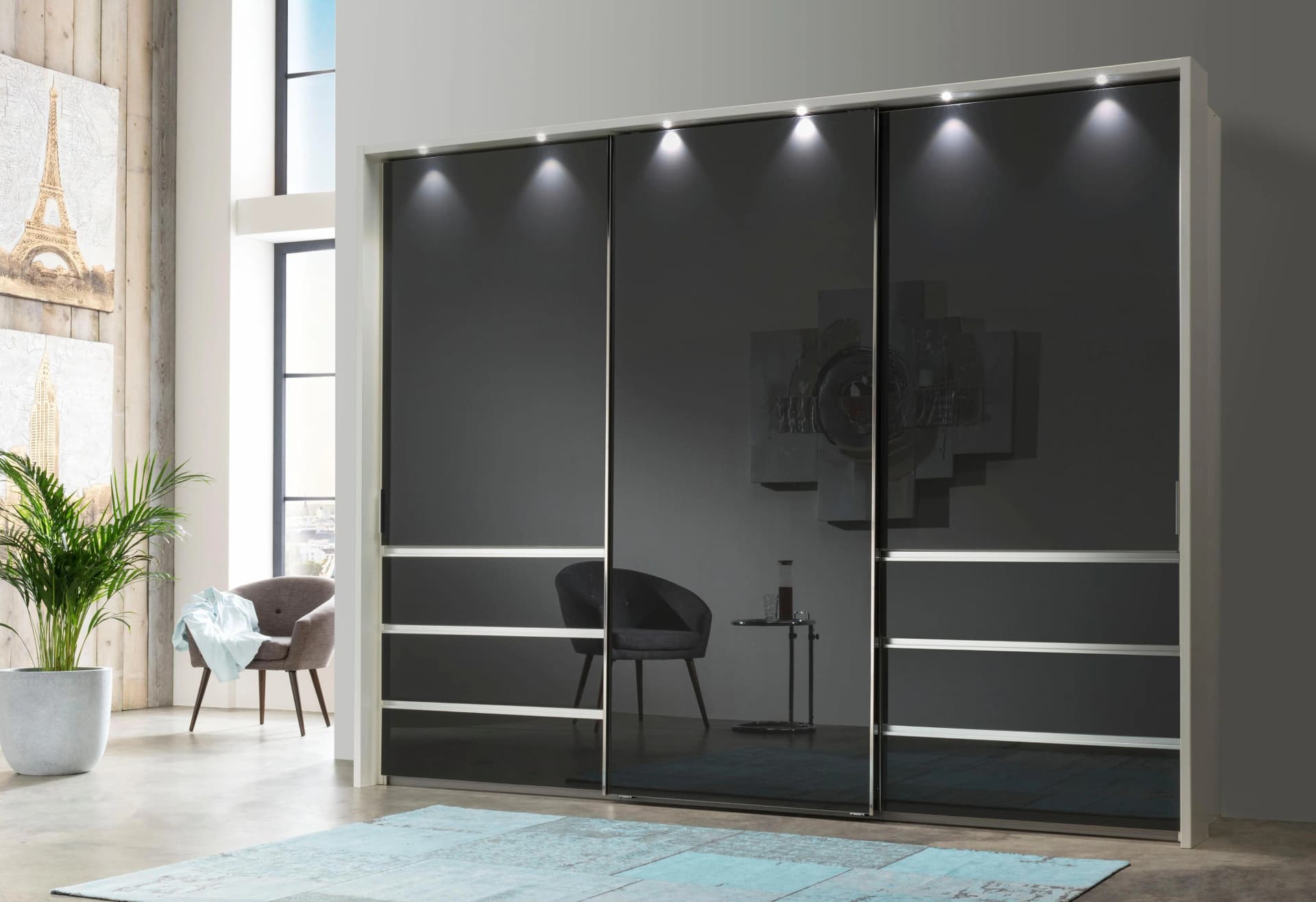 Wiemann Schwebetürenschrank Malibu Weiß Glasfront Selbsteinzug