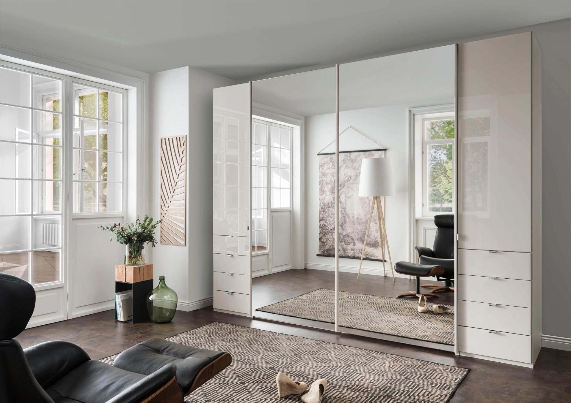 WIEMANN Nizza Dreh-/Schwebetürenschrank Beige mit Glasfront und Spiegel